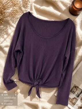 Express Women's Purple Tie-Front Long Sleeve waffle knit top